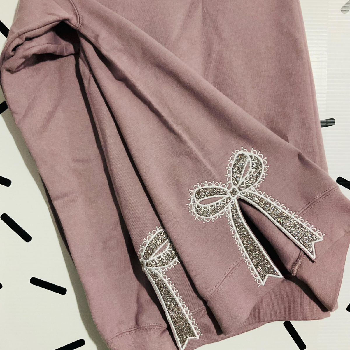 Embroidered Lace Side Bow Applique Sweatshirt Design, Classic Lace Bow, Embroidered Bow Sweatshirt, Glitter Side Bow Sweatshirt