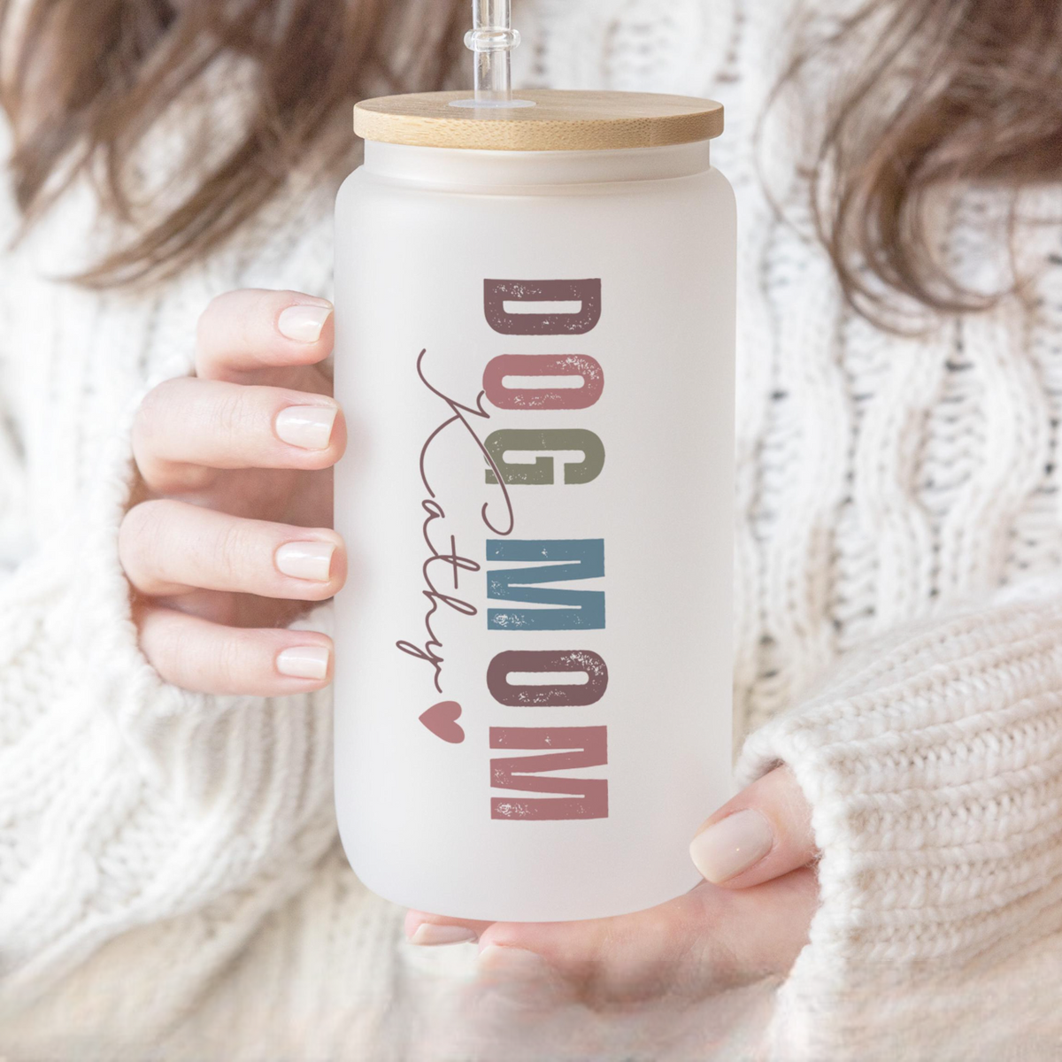 Custom Dog Mom Glass Tumbler, Pet Mom Gift, Dog Lover Cup, Dog Paws Cup, Simple Dog Mom Iced Coffee Cup, Personalized Dog Mom Frosted Cup With Dog Names