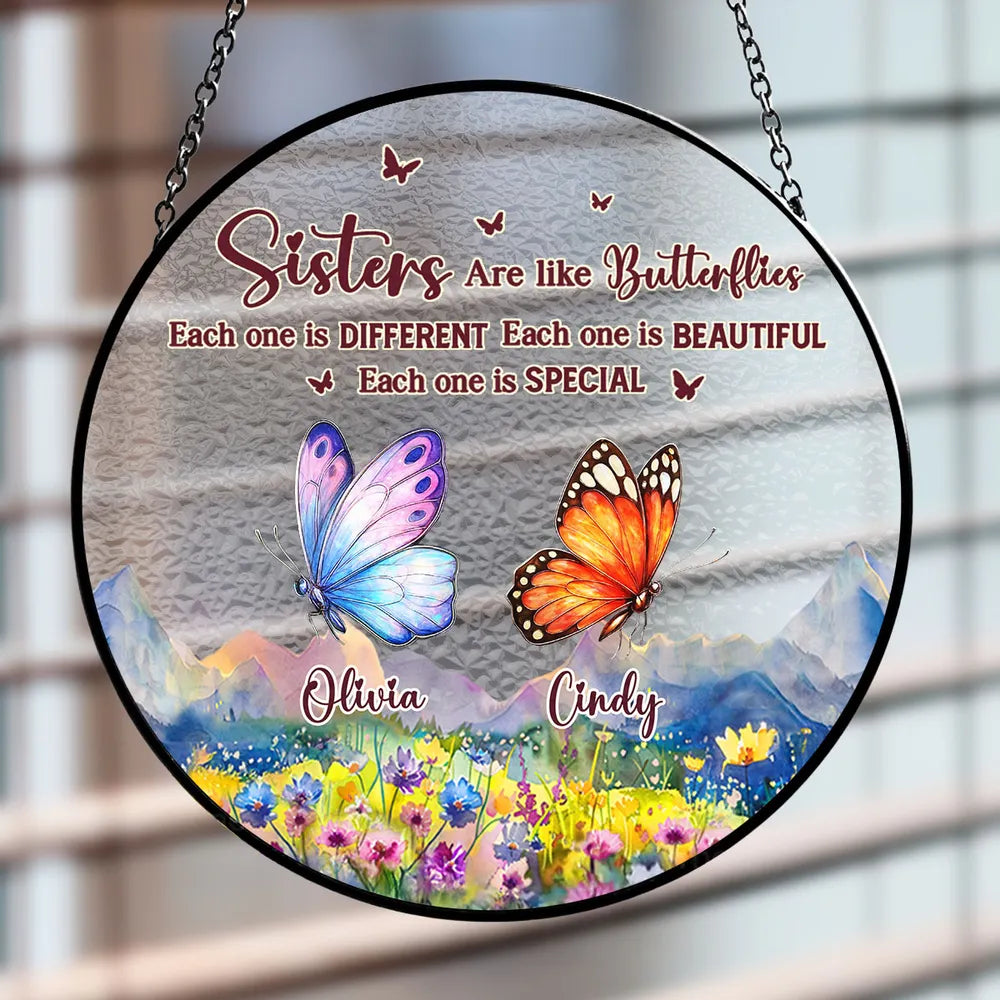 Sisters Are Like Butterflies - Personalized Suncatcher Stained Glass - Christmas, Birthday Gift For Sisters, Besties