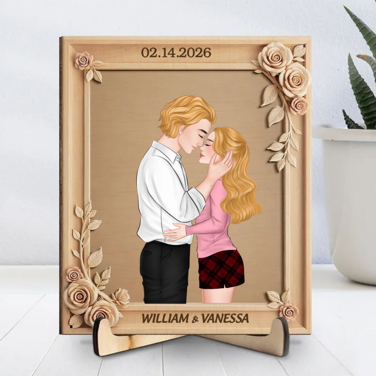 Romantic Wooden Flower Couple - Personalized Wooden Plaque - Valentine's Day Gift For Couple