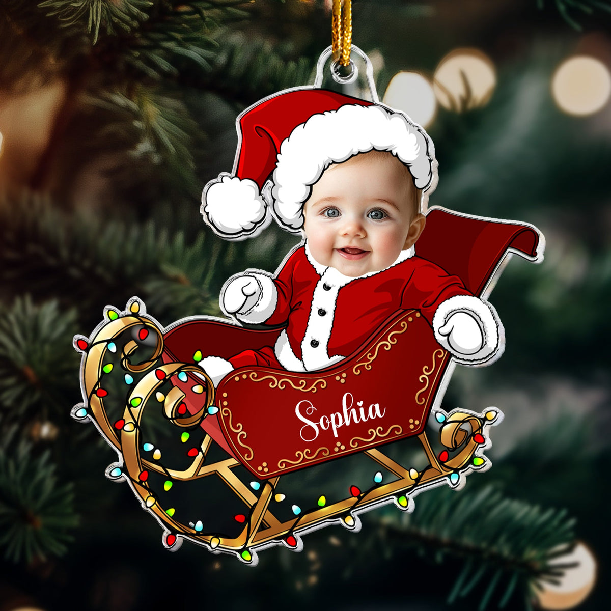 Custom Face Adorable Baby With Santa Sleigh - Personalized Acrylic Shaped Ornament - Gift For Baby, Christmas Gift