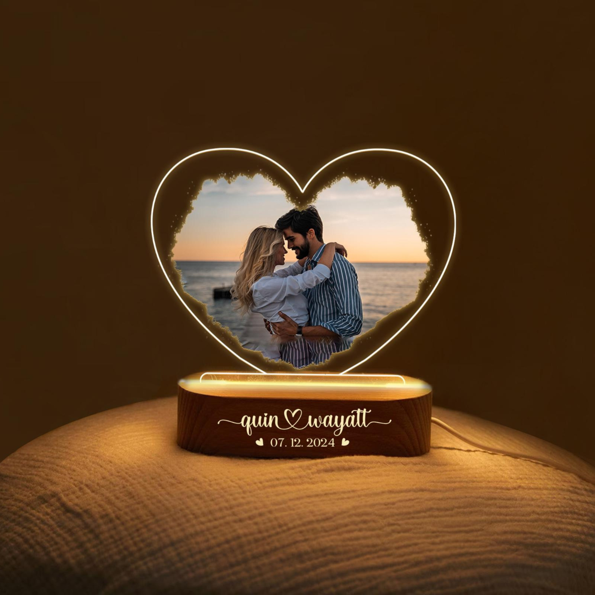 Custom Photo Heart Acrylic Night Light, Personalized 3D LED Light Wooden Base, Anniversary Gift, Valentines Day Gift for Him or Her, Couple Gifts