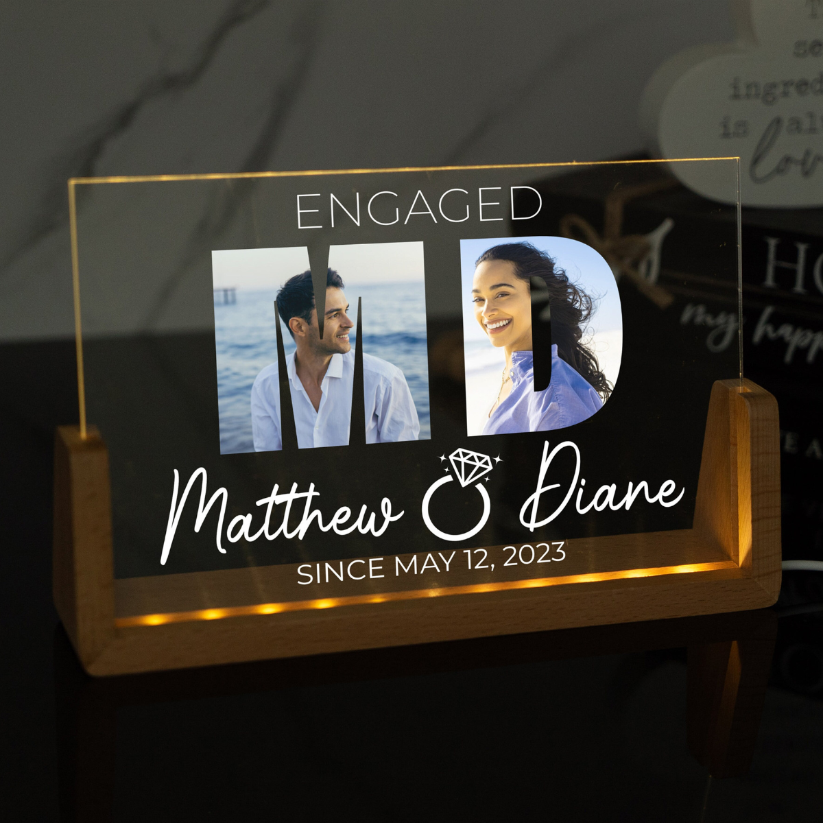 Custom Couple Engagement Picture Gift, Personalized Gifts for Couple, Couple Photo Acrylic Sign, Led Light Stand, Initial Picture Sign