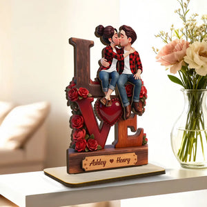 Roses Stacked LOVE Couple Sitting Kissing - Personalized Wooden Plaque With Flat Base - Valentine's Day Gift For Couple