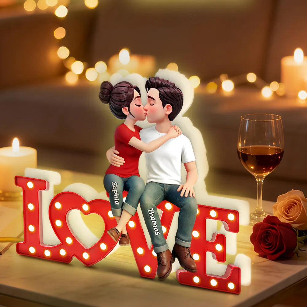 Love Couple Sitting Kissing - Personalized Light Box - Valentine's Day Gift For Couple, For Him, For Her