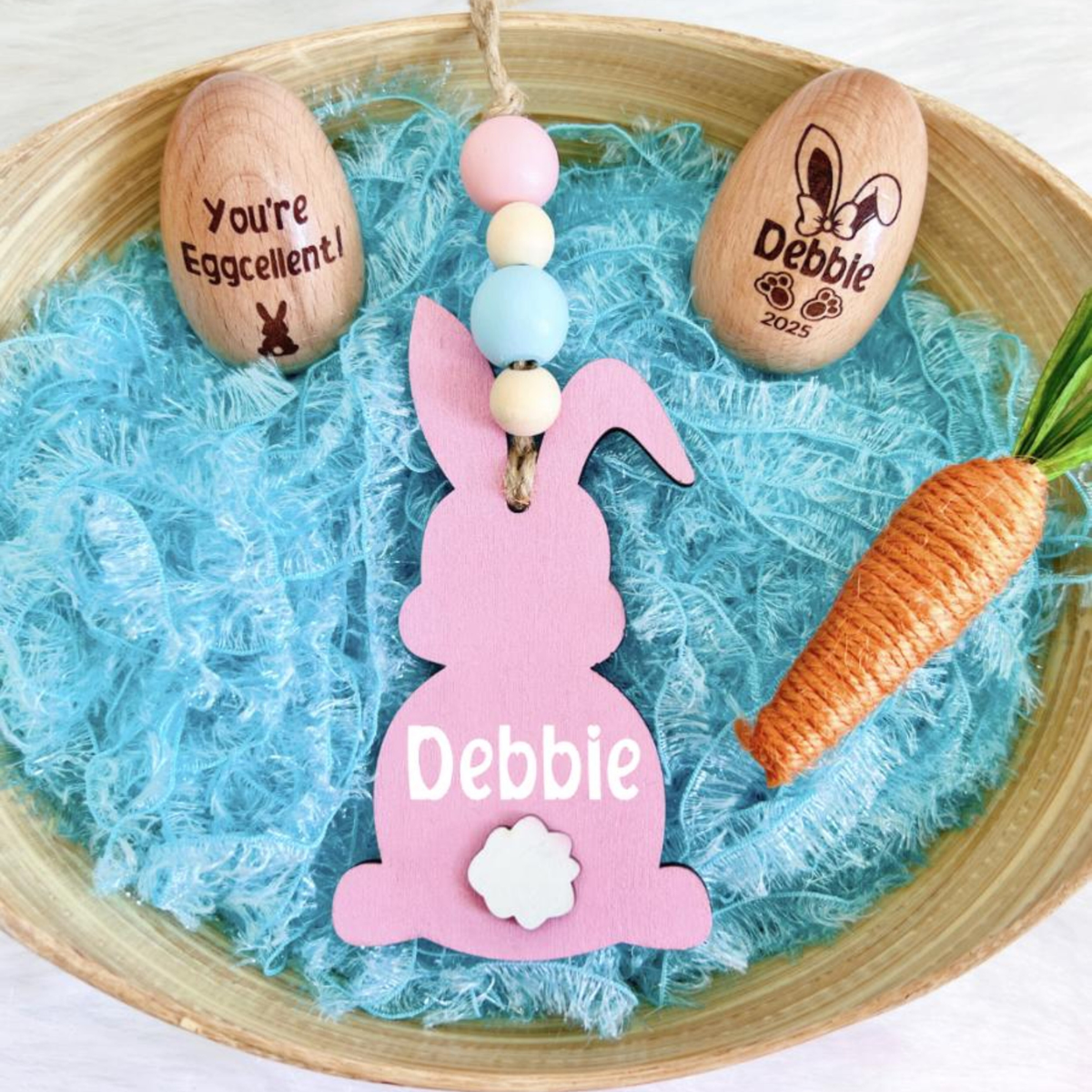 Easter Basket Bunny Wooden Name Tag Beaded, Laser Custom Easter Bunny gift tag, Personalized kid Easter Egghunt basket tag Peep Basket
