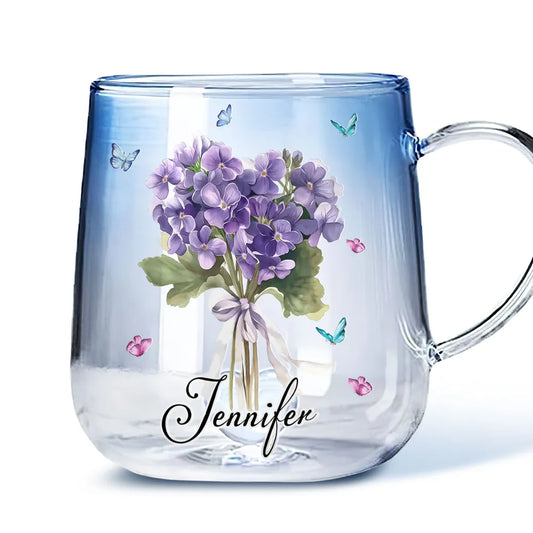 Birth Month Flower Bouquet With Name - Personalized Gradient Glass Mug - Birthday Gift For Her