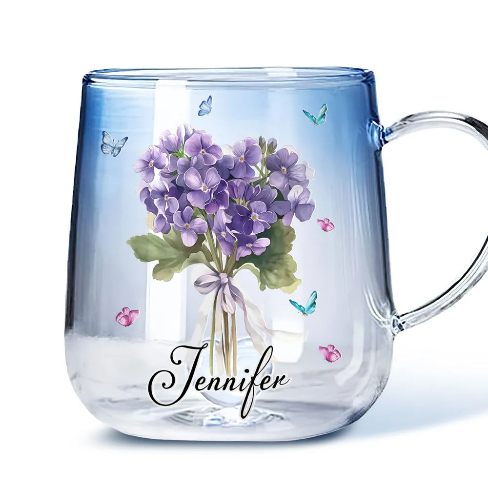Birth Month Flower Bouquet With Name - Personalized Gradient Glass Mug - Birthday Gift For Her