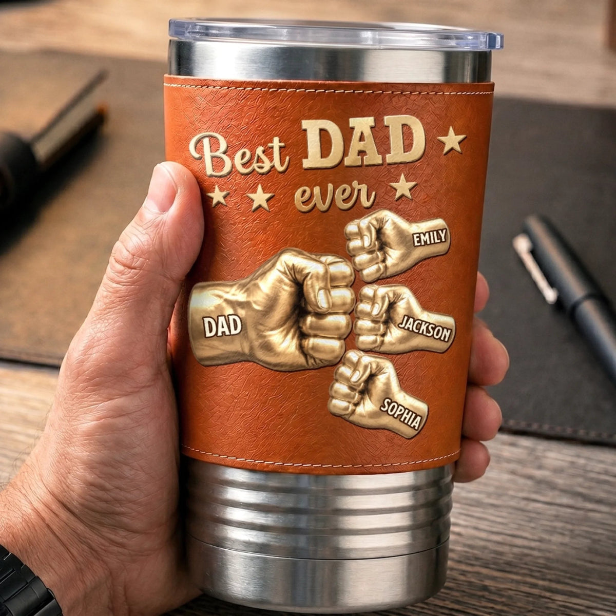 Best Dad Ever Fist Bump - Personalized Leather Tumbler - Gift For Dad, Gift For Grandpa, Father's Day Gift
