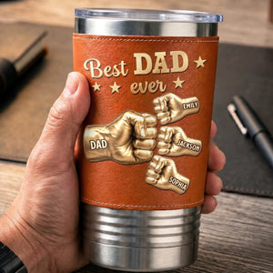 Best Dad Ever Fist Bump - Personalized Leather Tumbler - Gift For Dad, Gift For Grandpa, Father's Day Gift
