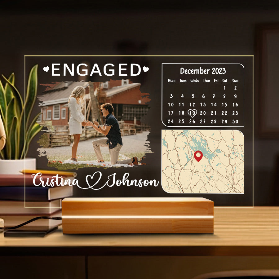 Engaged Date Custom Couple Photo - Personalized 3D LED Light Wooden Base - Gift For Couple