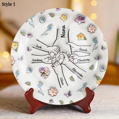 Mother And Kids Hold Hands Together - Personalized 3D Inflated Effect Printed Ceramic Plate - Mother's Day, Gift For Mom, Grandma