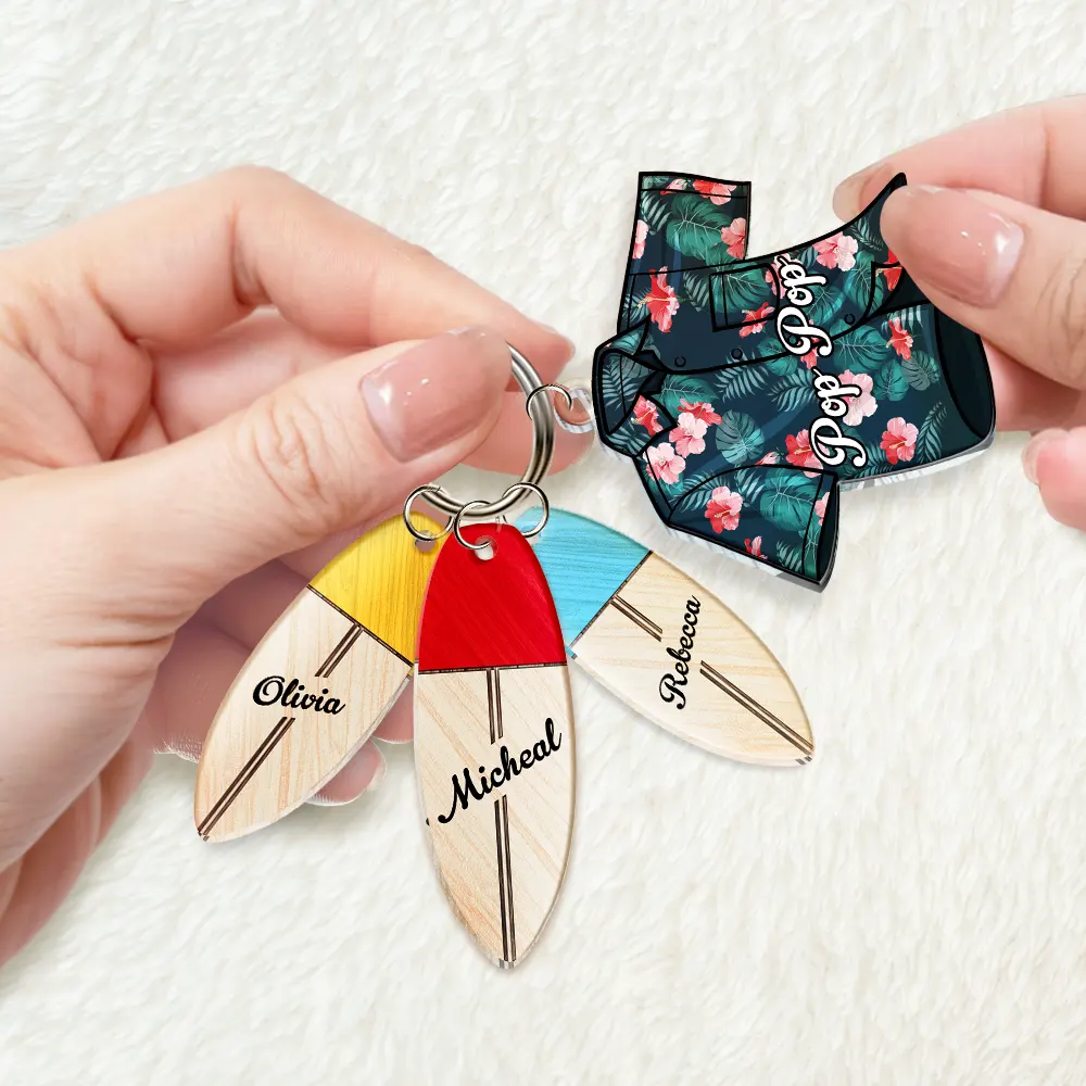 Hawaiian Shirt Papa & Surfboard - Personalized Acrylic Tag Keychain - Gift For Father, Grandfather, Father's Day, Birthday Gift, Summer Beach Vibes