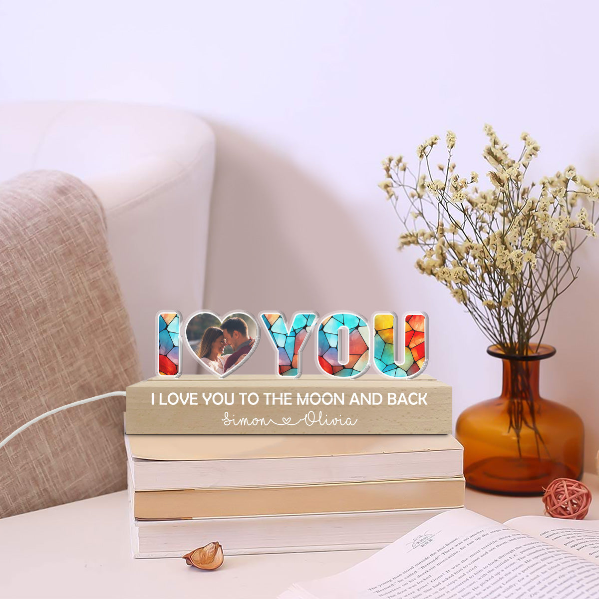 I Love You To The Moon & Back Mosaic Pattern - Personalized 3D LED Light Wooden Base - Gift For Couple, Anniversary Gift