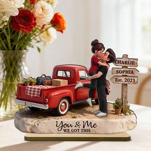Romantic Couple Pickup Truck Farmhouse Sign Post - Personalized Wooden Plaque With Flat Base - Valentine's Day Gift For Couple, Anniversary Gift