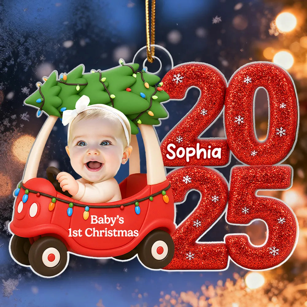 Baby In Car Upload Photo Christmas - Personalized Acrylic Ornament - Christmas Gift For New Parent, Newborn Keepsake