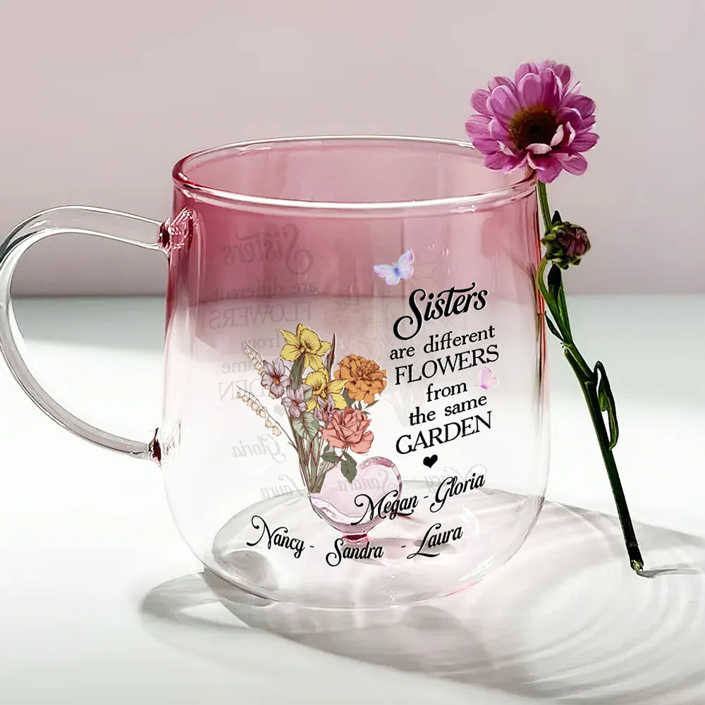 Floral Sisters - Personalized Gradient Glass Mug - Gift For Sisters, Besties