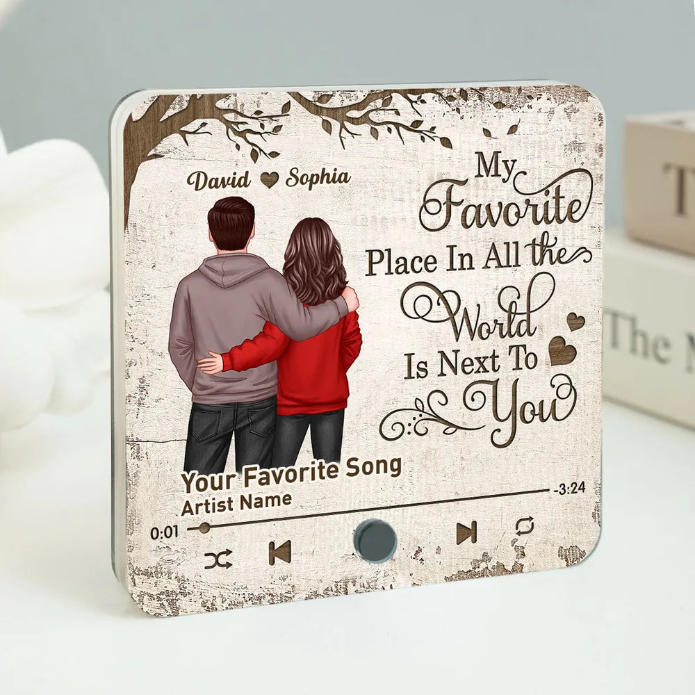 My Favorite Place In All The World Is Next To You Hugging Couple - Personalized Music Fridge Magnet - Gift For Couple, For Him, For Her, Anniversary Gift
