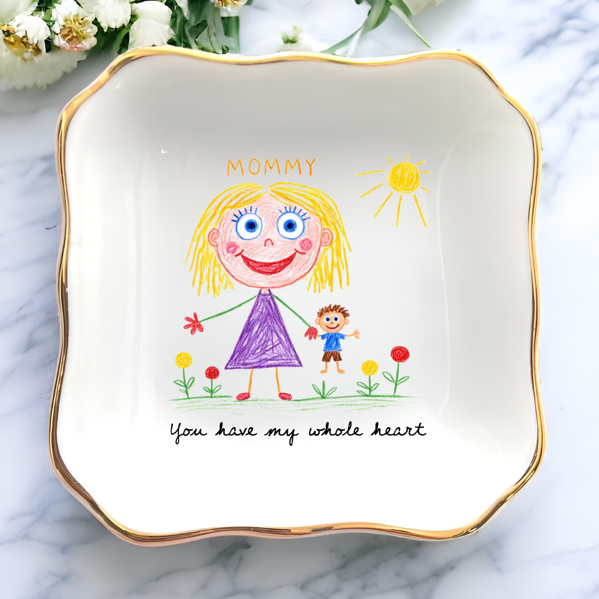 Custom Photo Jewelry Plate for Mom - Kid's Handdrawing Mother's Day Gift - Personalized Ceramic Ring Dish & Keepsake Tray