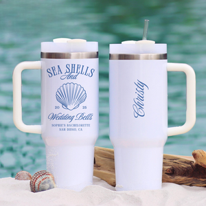 Seashells And Wedding Bells 40oz Tumbler, Custom Bachelorette Gift Beach, 40oz Insulated Cup Bridesmaid Proposal Gift Tumbler With Handle Bach