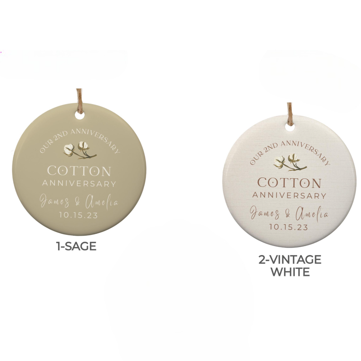 Personalized 2nd Anniversary Ornament, Cotton Wedding Anniversary Gift, Two Year Anniversary Ceramic Ornament, 2nd Year Gift For Husband Wife