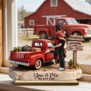Romantic Couple Pickup Truck Farmhouse Sign Post - Personalized Wooden Plaque With Flat Base - Valentine's Day Gift For Couple, Anniversary Gift