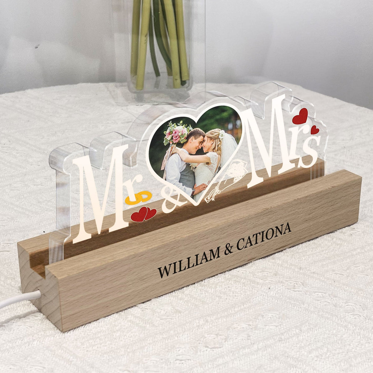 Mr. And Mrs. Custom Photo - Personalized 3D LED Light Wooden Base - Gift For Him, Gift For Her