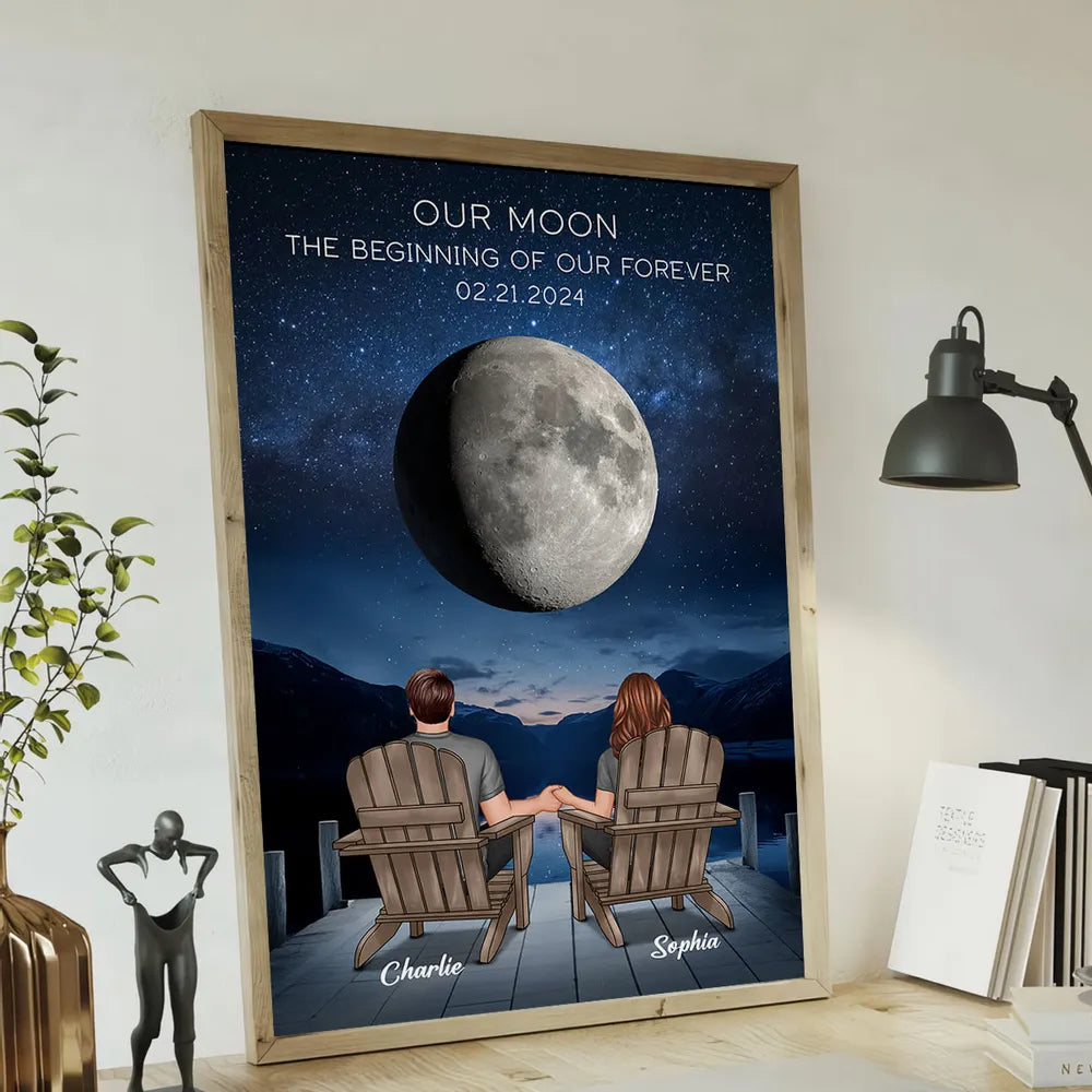 Our Moon Couple Back View Moon Phase - Personalized Canvas - Anniversary Gift For Him, Gift For Her