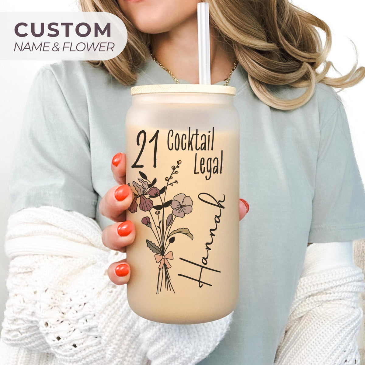 21st Birthday Glass Tumbler, Turning 21 Gift With Birthflower Glass Tumbler, 21 Year Old Gift Iced Coffee Cup, 21st Birthday Glass With Flower