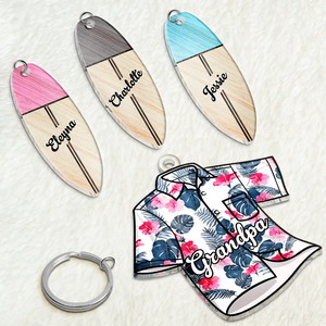 Hawaiian Shirt Papa & Surfboard - Personalized Acrylic Tag Keychain - Gift For Father, Grandfather, Father's Day, Birthday Gift, Summer Beach Vibes