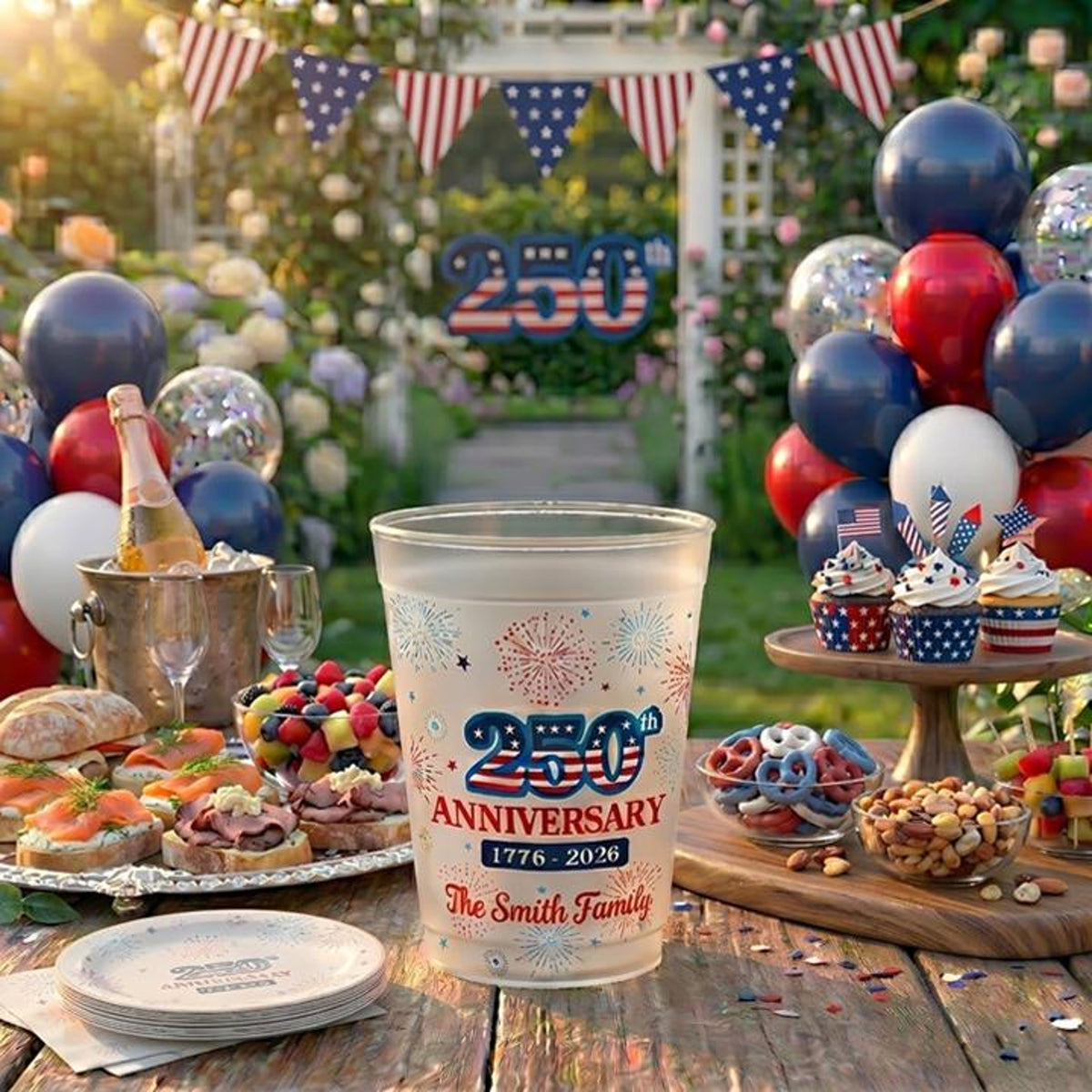 Personalized Family Name USA 250th Anniversary Fireworks Stadium Frosted Cup, Patriotic Party Decor, 4th of July Cup