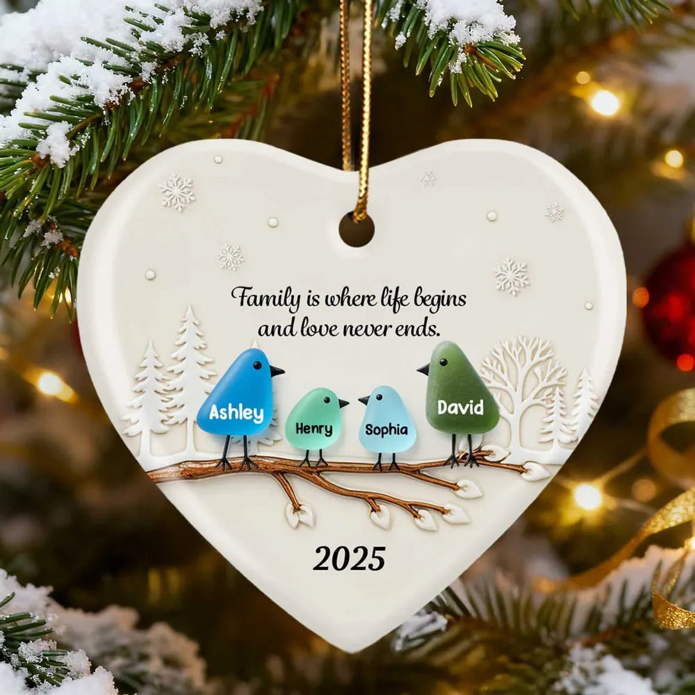 Family Birds Sea Glass Pattern - Personalized Ceramic Ornament With Acrylic - Heartwarming Festive Christmas Gift, Decor
