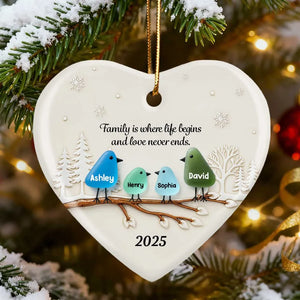 Family Birds Sea Glass Pattern - Personalized Ceramic Ornament With Acrylic - Heartwarming Festive Christmas Gift, Decor