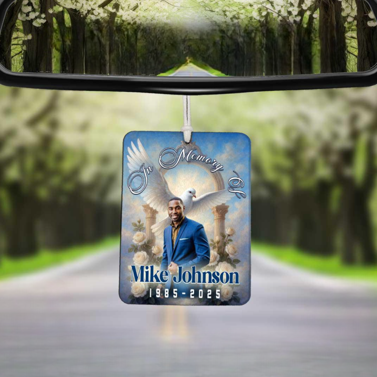 Personalized Photo Memorial Car Air Freshener, Heaven's Gate, Dove & Roses, Photo Portrait Sympathy Gift