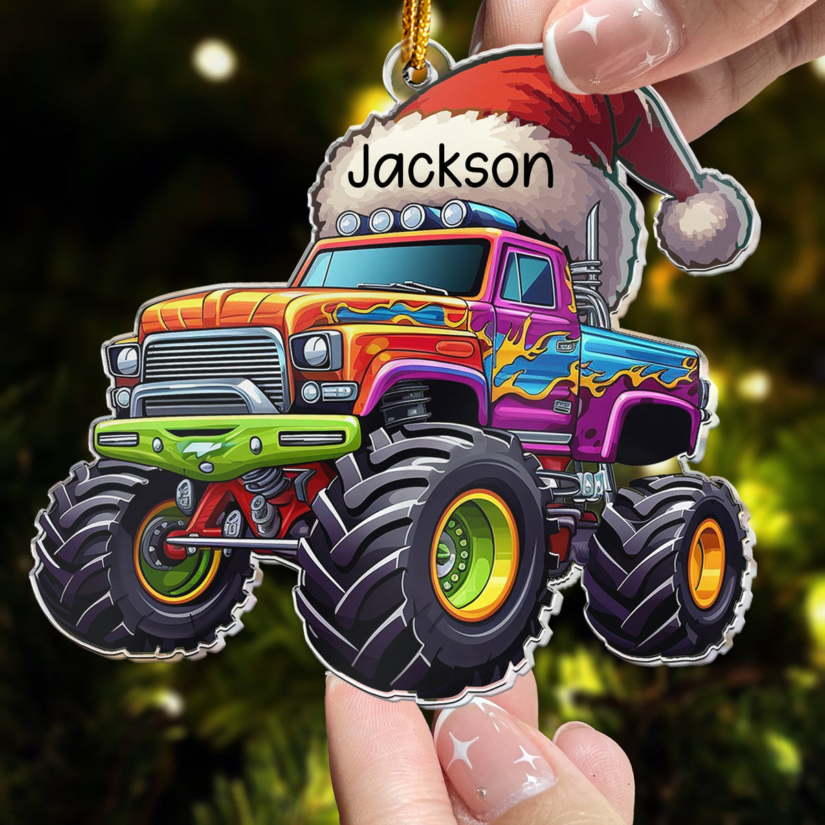 Monster Truck Christmas Hat - Personalized Acrylic Shaped Ornament - Gifts For Son, Boy, Kids