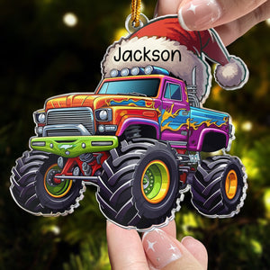 Monster Truck Christmas Hat - Personalized Acrylic Shaped Ornament - Gifts For Son, Boy, Kids