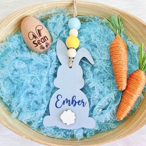 Easter Basket Bunny Wooden Name Tag Beaded, Laser Custom Easter Bunny gift tag, Personalized kid Easter Egghunt basket tag Peep Basket
