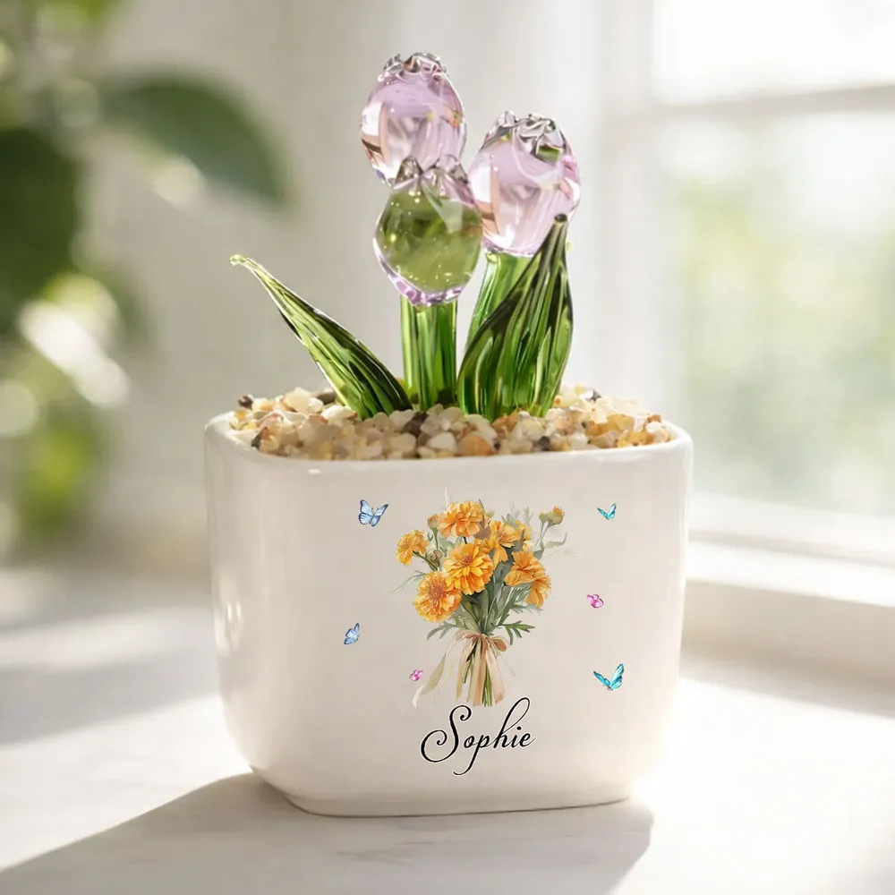 Birth Month Flower - Personalized Mini Glass Plant Pot - Gift For Sisters, Bestie, Friends
