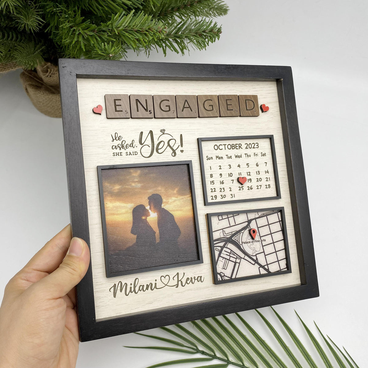 Where She Say Yes Custom Photo Calendar & Location - Personalized Wooden Frame - Gift For Couple