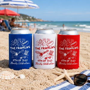 4th of July Friends Reunion Can Coolers - Custom 4th of July Family Reunion Party Favors - Personalized Cozies in Regular and Slim Size
