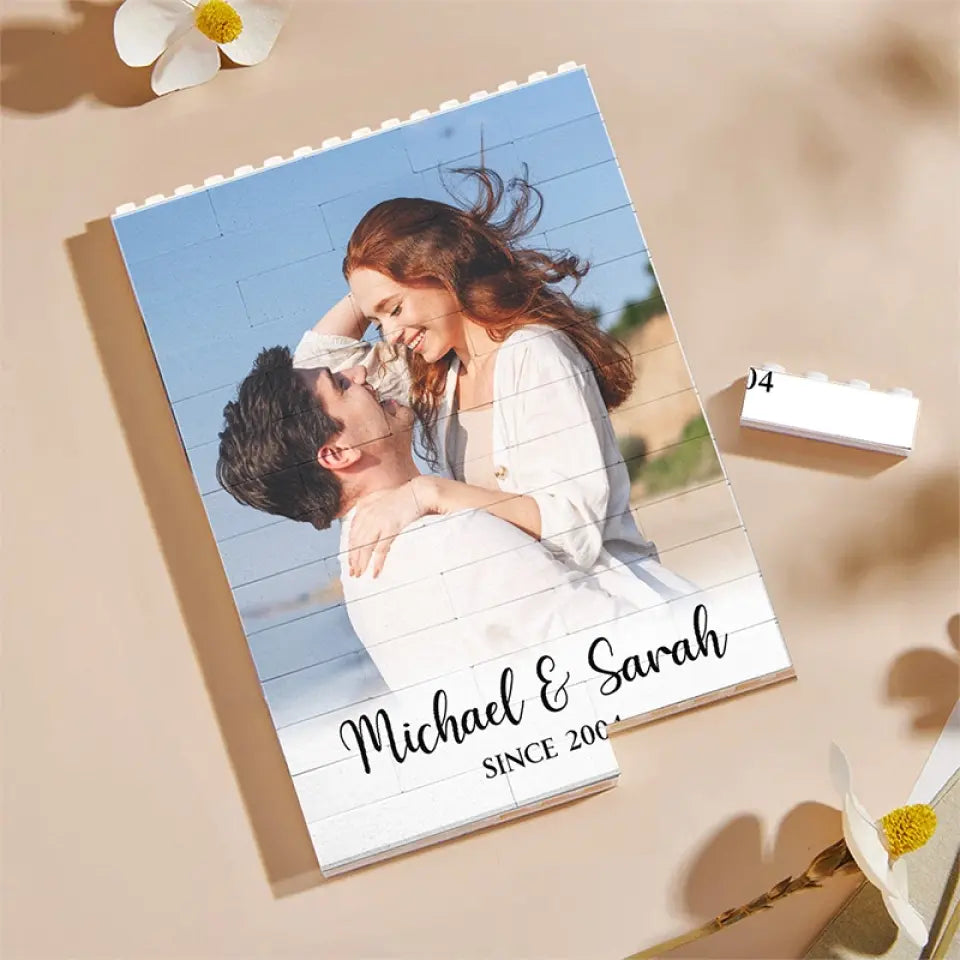 Custom Couple Photo, Name & Year - Personalized Building Block Puzzle - Anniversary Gift, Valentine's Day Gift For Couple