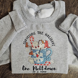 Meltdown Christmas Crewneck Sweatshirt, Holiday Sweater, Christmas Sweater, Embroidered Crewneck