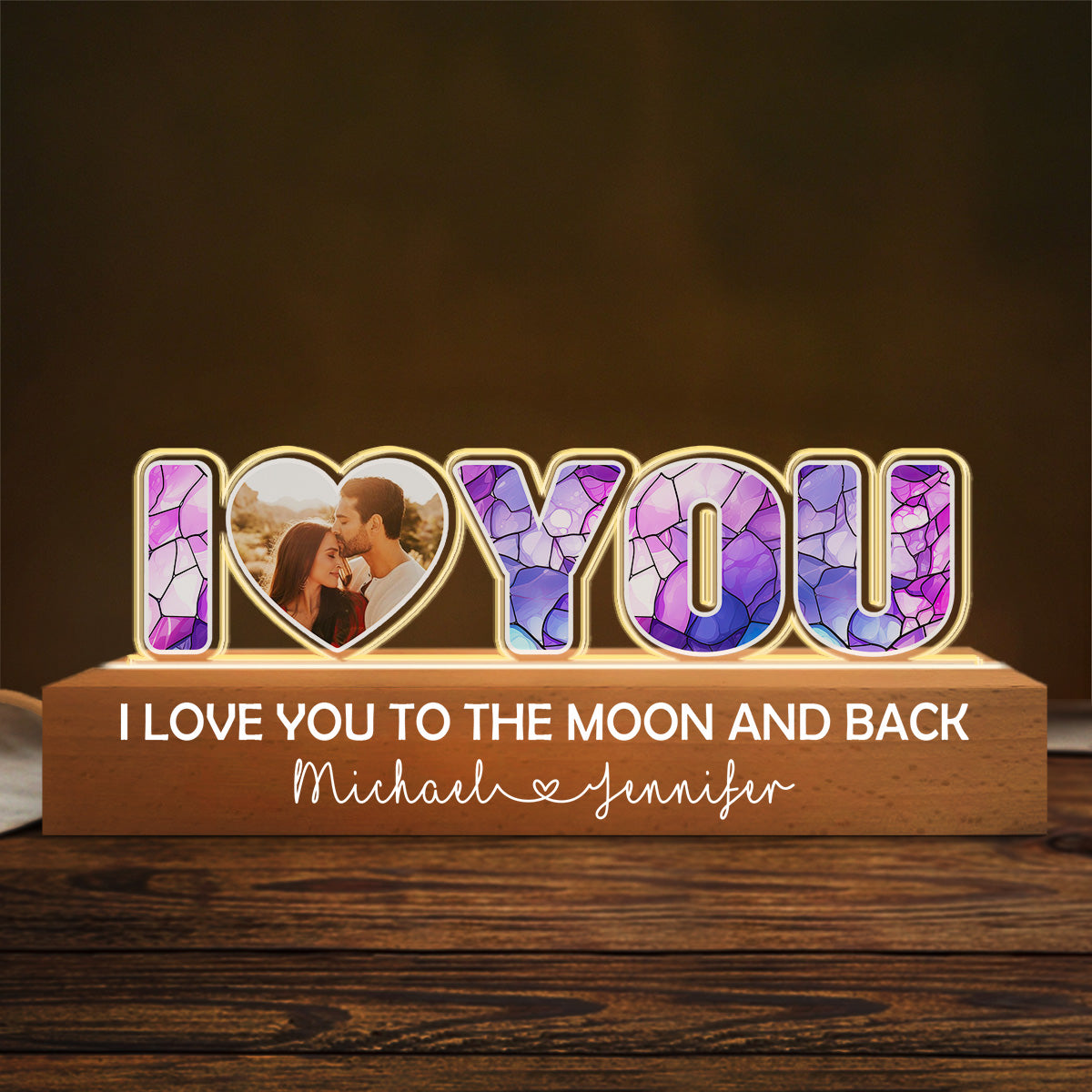 I Love You To The Moon & Back Mosaic Pattern - Personalized 3D LED Light Wooden Base - Gift For Couple, Anniversary Gift