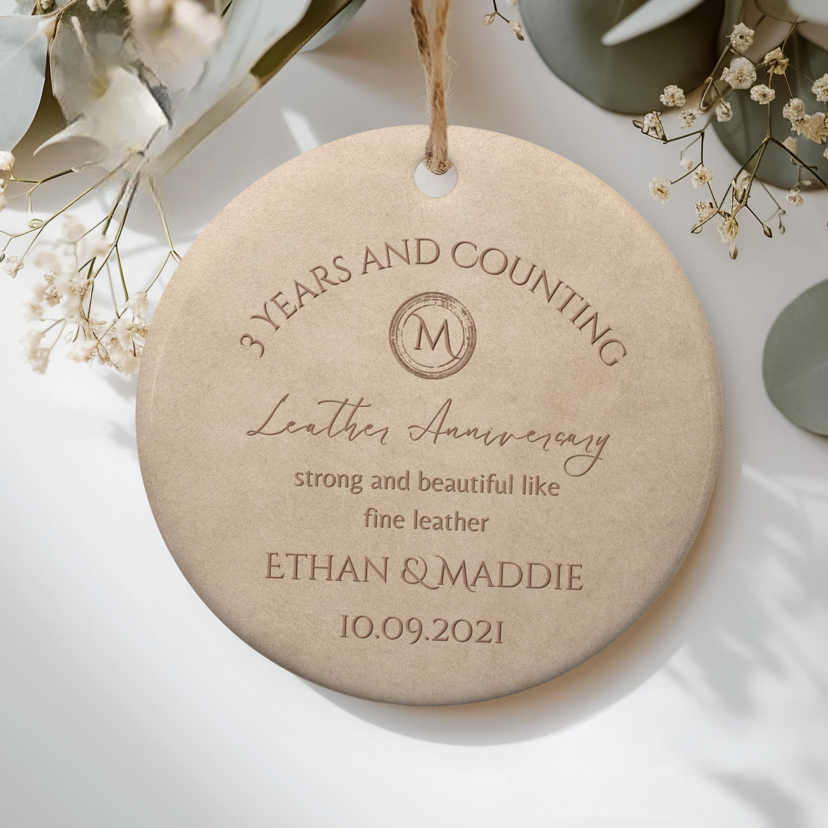 Personalized 3rd Anniversary Ornament, Leather Wedding Anniversary Gift, Three Year Anniversary Ceramic Ornament, 3rd Year Gift For Husband Wife