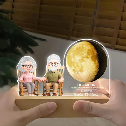 Old Couple Sitting On Rocking Chair Custom Moon Phase - Personalized 3D LED Light - Valentine's Day, Anniversary Gift For Couple