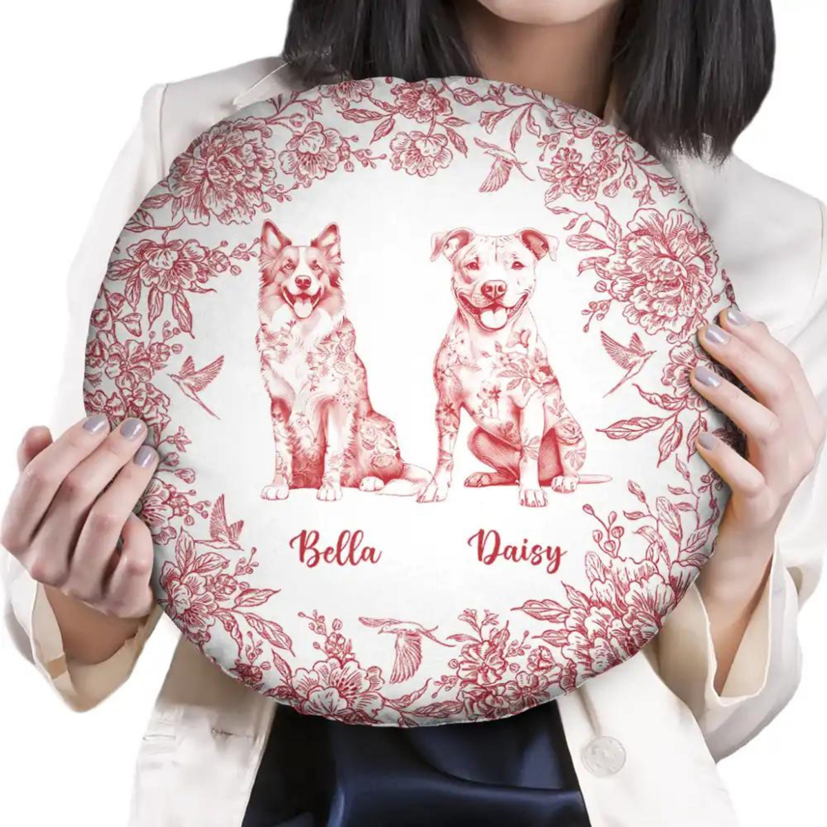 Chinoiserie Toile Dog Cat - Personalized Round Pillow, Customized Circle Decorative Pillow, Clever Gifts For Family Friends Birthday Christmas