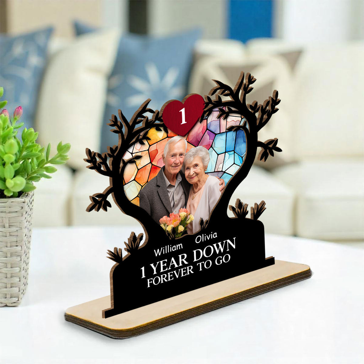 Years Down Forever To Go - Personalized Wooden Plaque With Flat Base - Anniversary Gift, Valentine's Day Gift For Couple