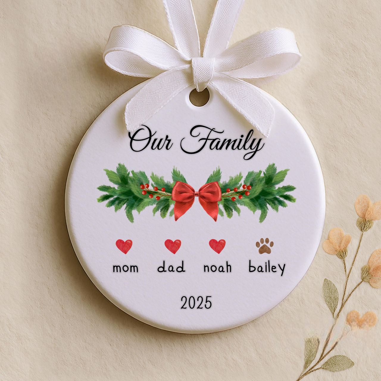 Custom Family Ornament With Pets, Personalized Ceramic Keepsake, 2025