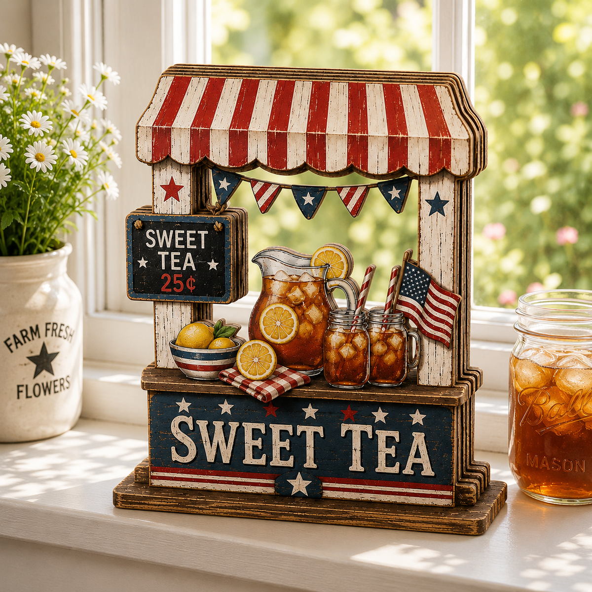 3D Wooden Sweet Tea Stand Sign, Southern Hostess Gift, Summer BBQ Decor, Patriotic Beverage Station Art, Custom Name Kitchen Tabletop Decor