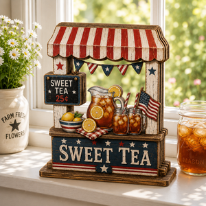 3D Wooden Sweet Tea Stand Sign, Southern Hostess Gift, Summer BBQ Decor, Patriotic Beverage Station Art, Custom Name Kitchen Tabletop Decor